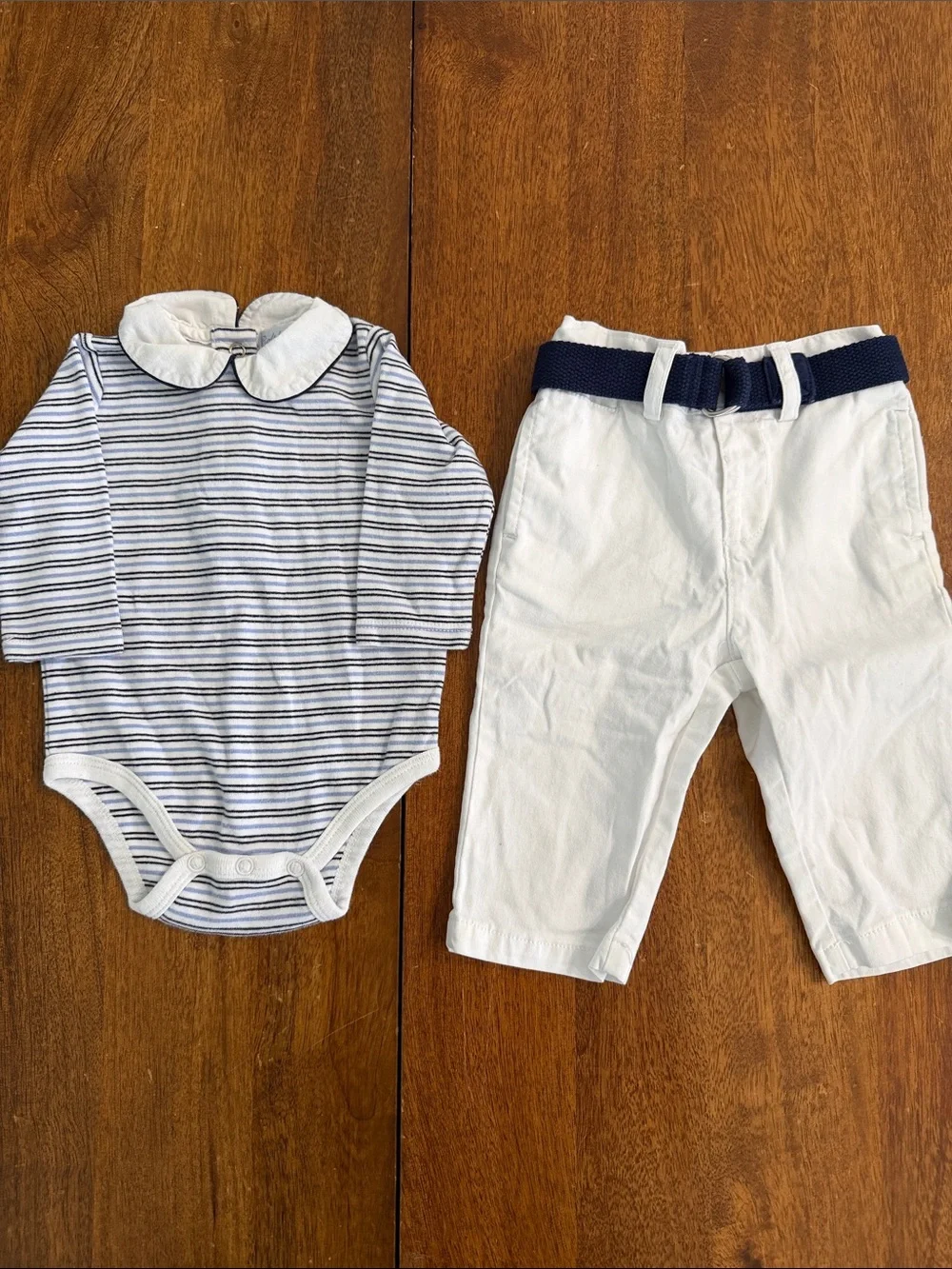 Ralph Lauren Striped Collar Top and White Pants Set w/ Navy Belt Boys 6 months